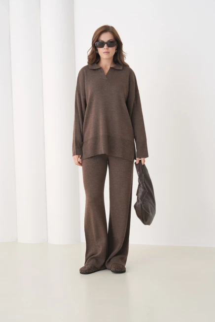 Kadın Polo Yaka Yırtmaçlı Oversize Kazak Palazzo Pantolon Triko Alt-Üst Takım