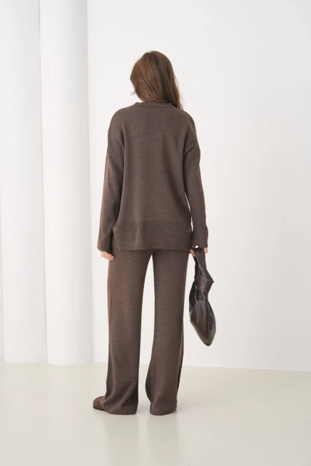 Kadın Polo Yaka Yırtmaçlı Oversize Kazak Palazzo Pantolon Triko Alt-Üst Takım