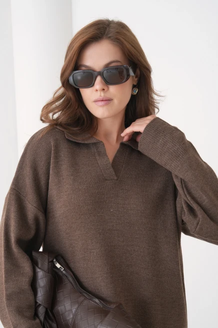 Kadın Polo Yaka Yırtmaçlı Oversize Kazak Palazzo Pantolon Triko Alt-Üst Takım