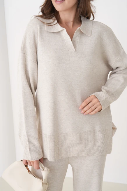 Kadın Polo Yaka Yırtmaçlı Oversize Kazak Palazzo Pantolon Triko Alt-Üst Takım