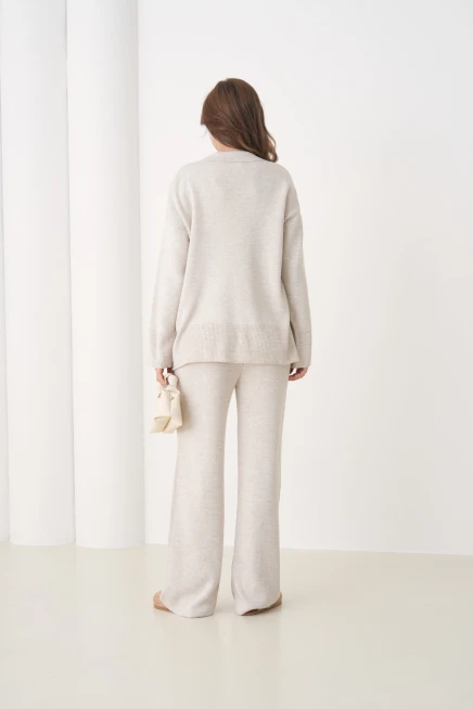 Kadın Polo Yaka Yırtmaçlı Oversize Kazak Palazzo Pantolon Triko Alt-Üst Takım