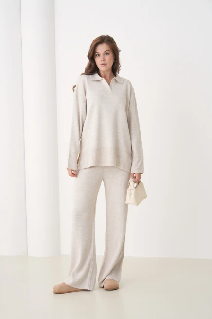 Kadın Polo Yaka Yırtmaçlı Oversize Kazak Palazzo Pantolon Triko Alt-Üst Takım