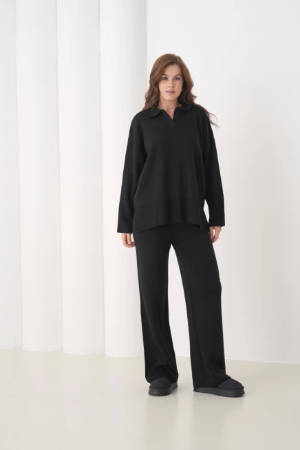 Kadın Polo Yaka Yırtmaçlı Oversize Kazak Palazzo Pantolon Triko Alt-Üst Takım