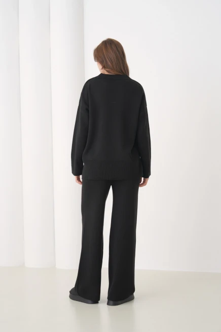 Kadın Polo Yaka Yırtmaçlı Oversize Kazak Palazzo Pantolon Triko Alt-Üst Takım