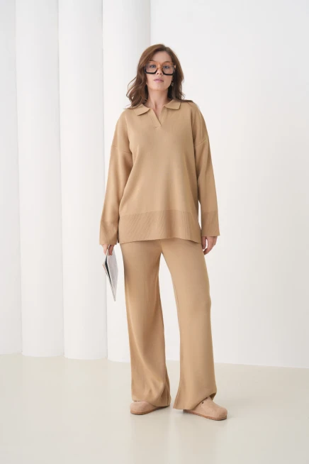 Kadın Polo Yaka Yırtmaçlı Oversize Kazak Palazzo Pantolon Triko Alt-Üst Takım