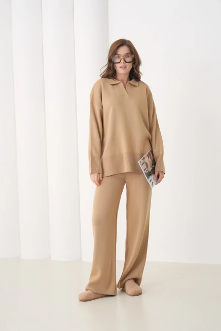 Kadın Polo Yaka Yırtmaçlı Oversize Kazak Palazzo Pantolon Triko Alt-Üst Takım