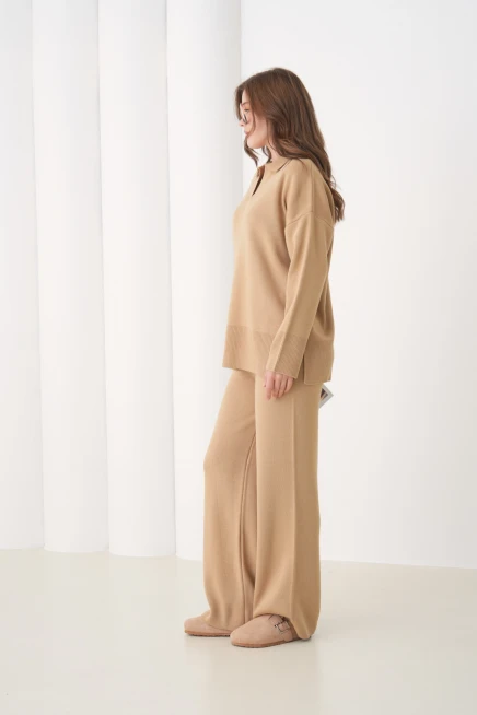 Kadın Polo Yaka Yırtmaçlı Oversize Kazak Palazzo Pantolon Triko Alt-Üst Takım