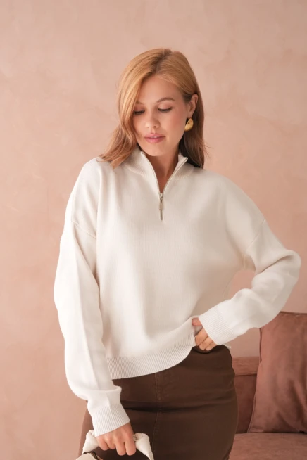 Kadın Taş Oversize Fermuarlı Basic Triko Kazak