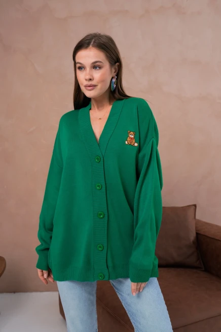 Kadın V Yaka Düğme Kapama Nakışlı Oversize Triko Hırka