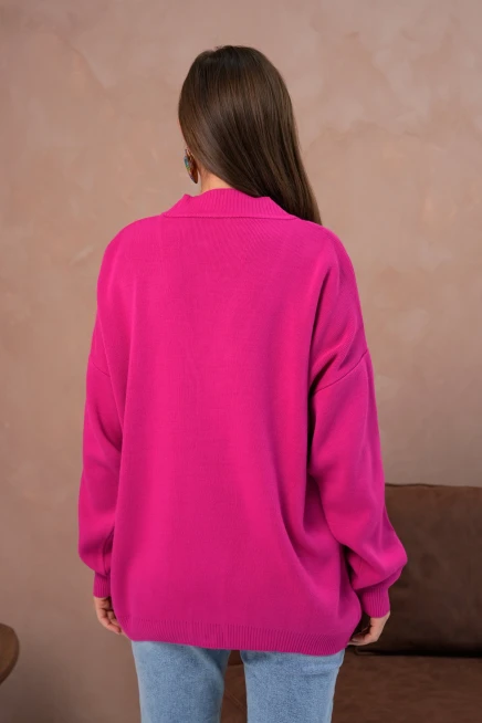 Kadın V Yaka Düğme Kapama Nakışlı Oversize Triko Hırka