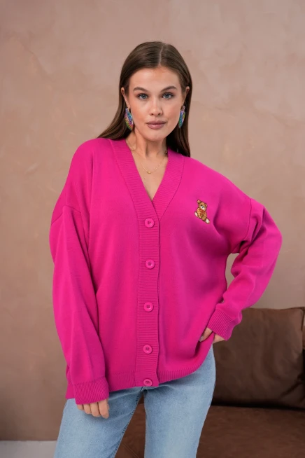 Kadın V Yaka Düğme Kapama Nakışlı Oversize Triko Hırka