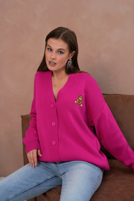 Kadın V Yaka Düğme Kapama Nakışlı Oversize Triko Hırka