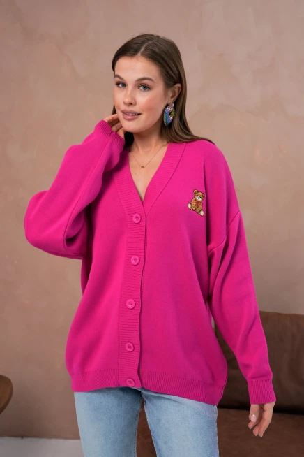 Kadın V Yaka Düğme Kapama Nakışlı Oversize Triko Hırka