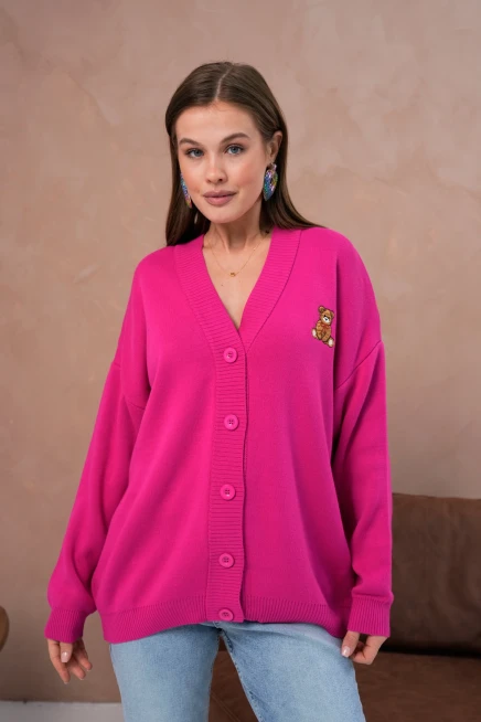 Kadın V Yaka Düğme Kapama Nakışlı Oversize Triko Hırka