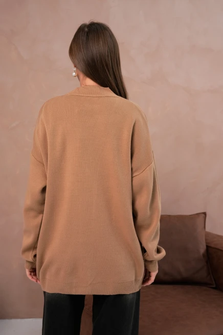 Kadın V Yaka Düğme Kapama Nakışlı Oversize Triko Hırka