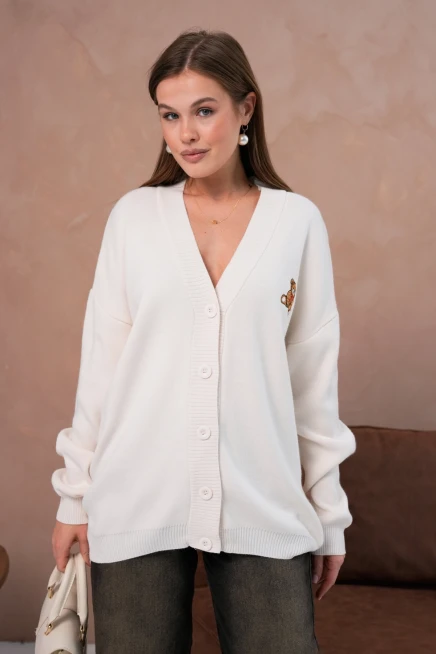 Kadın V Yaka Düğme Kapama Nakışlı Oversize Triko Hırka