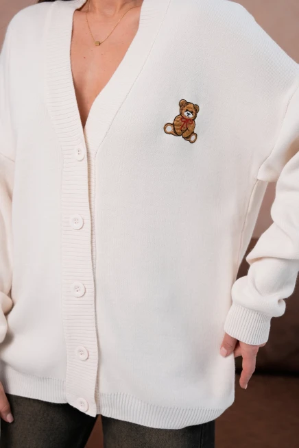 Kadın V Yaka Düğme Kapama Nakışlı Oversize Triko Hırka