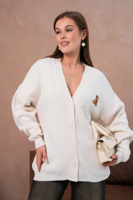 Kadın V Yaka Düğme Kapama Nakışlı Oversize Triko Hırka