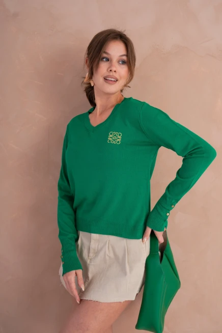 Kadın V Yaka Nakış Detay Kolu Troklu Triko Kazak