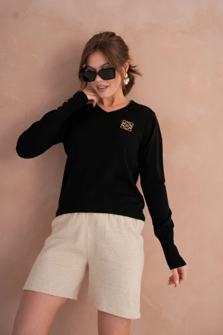 Kadın V Yaka Nakış Detay Kolu Troklu Triko Kazak