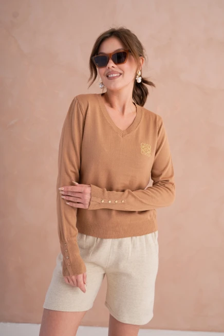 Kadın V Yaka Nakış Detay Kolu Troklu Triko Kazak