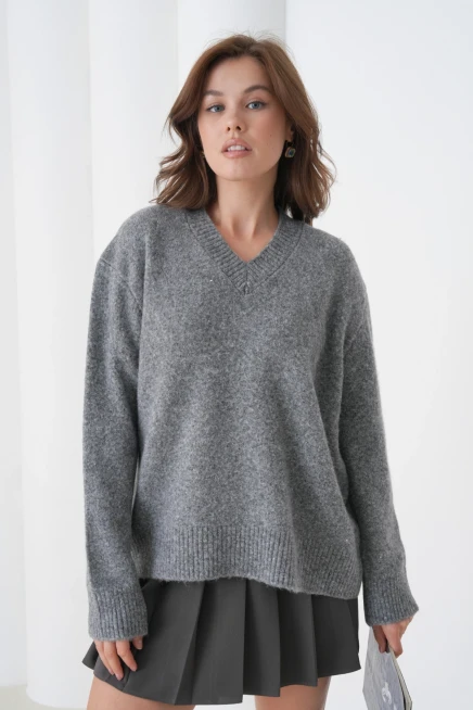 Kadın V Yaka Yumuşak Dokulu Oversize Triko Kazak