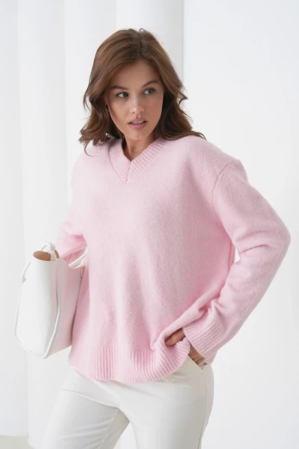 Kadın V Yaka Yumuşak Dokulu Oversize Triko Kazak