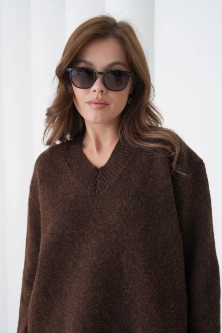 Kadın V Yaka Yumuşak Dokulu Oversize Triko Kazak