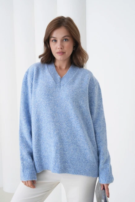 Kadın V Yaka Yumuşak Dokulu Oversize Triko Kazak