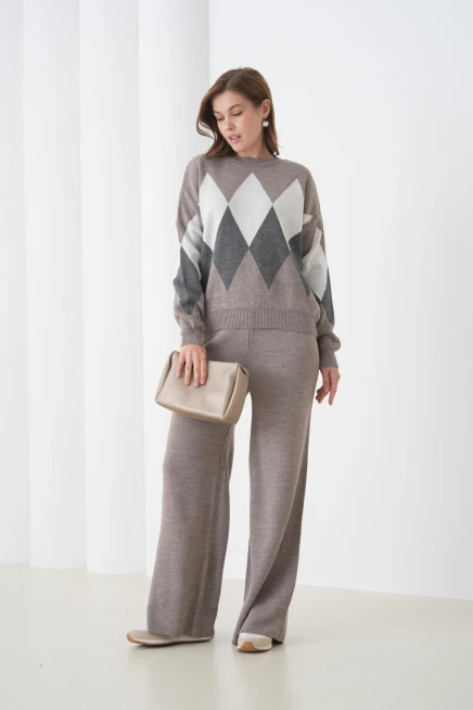 Kadın Vizon Bisiklet Yaka Baklava Desenli Kazak Pantolon Triko Alt-Üst Takım