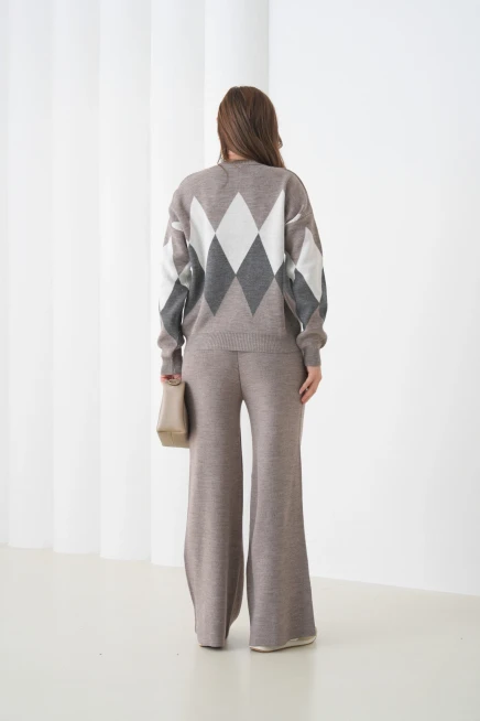 Kadın Vizon Bisiklet Yaka Baklava Desenli Kazak Pantolon Triko Alt-Üst Takım