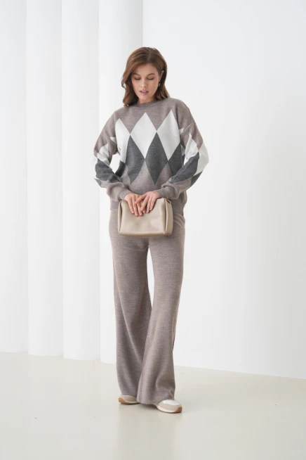 Kadın Vizon Bisiklet Yaka Baklava Desenli Kazak Pantolon Triko Alt-Üst Takım