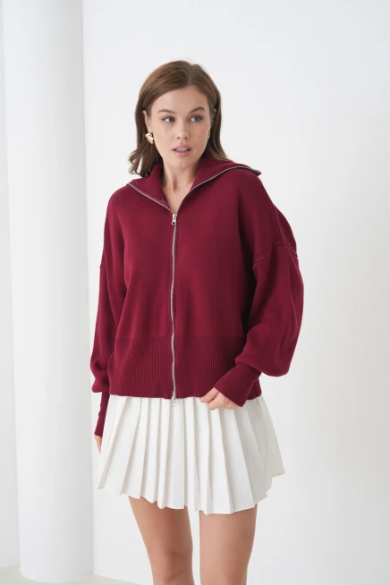 Kadın Balıkçı Yaka Fermuar Kapama Örgü Detay Triko Ceket