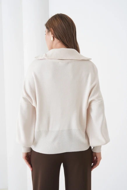 Kadın Balıkçı Yaka Fermuar Kapama Örgü Detay Triko Ceket