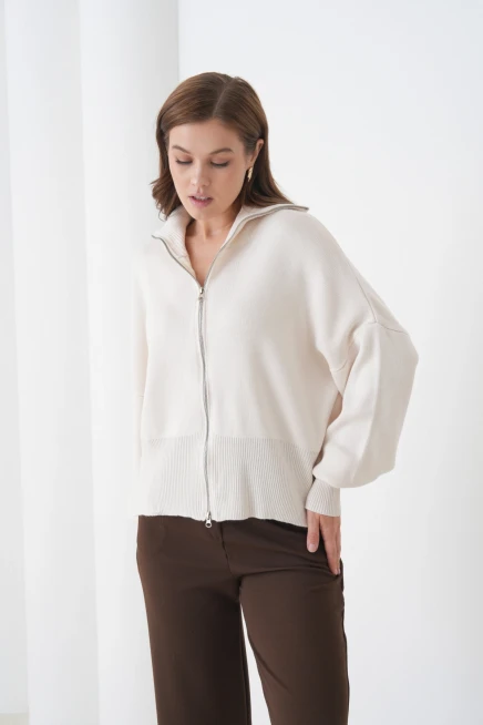 Kadın Balıkçı Yaka Fermuar Kapama Örgü Detay Triko Ceket