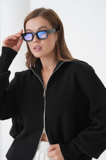 Kadın Balıkçı Yaka Fermuar Kapama Örgü Detay Triko Ceket