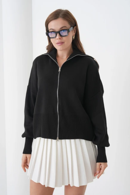 Kadın Balıkçı Yaka Fermuar Kapama Örgü Detay Triko Ceket