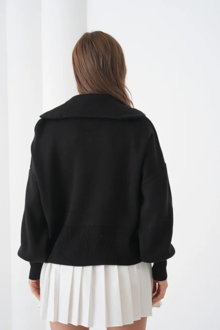 Kadın Balıkçı Yaka Fermuar Kapama Örgü Detay Triko Ceket