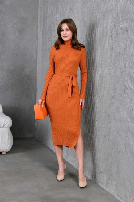 Kadın Balıkçı Yaka Kaşkorse Slim Fit Yırtmaçlı Triko Elbise