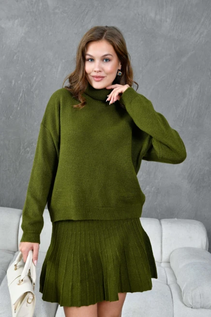 Kadın Balıkçı Yaka Örgü Detay Kazak Etek İkili Triko Takım