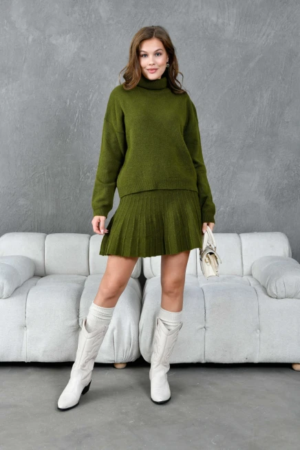 Kadın Balıkçı Yaka Örgü Detay Kazak Etek İkili Triko Takım