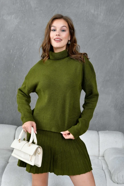 Kadın Balıkçı Yaka Örgü Detay Kazak Etek İkili Triko Takım