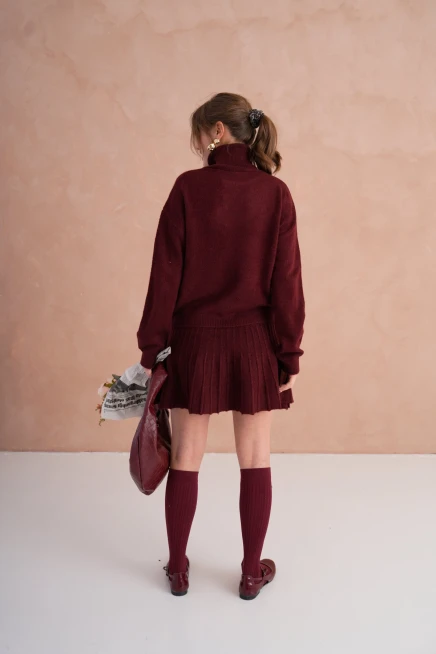 Kadın Balıkçı Yaka Örgü Detay Kazak Etek İkili Triko Takım