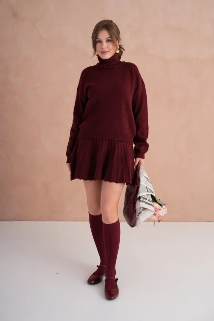 Kadın Balıkçı Yaka Örgü Detay Kazak Etek İkili Triko Takım