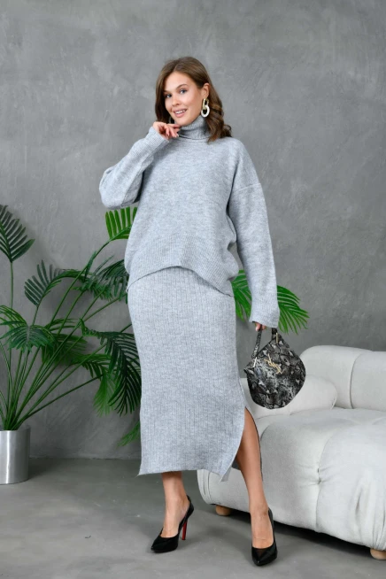 Kadın Balıkçı Yaka Oversize Kazak Uzun Etek İkili Triko Takım