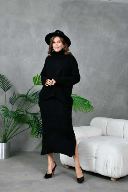 Kadın Balıkçı Yaka Oversize Kazak Uzun Etek İkili Triko Takım