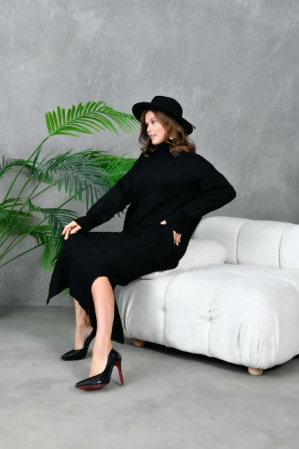 Kadın Balıkçı Yaka Oversize Kazak Uzun Etek İkili Triko Takım