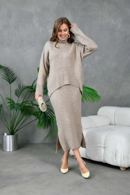 Kadın Balıkçı Yaka Oversize Kazak Uzun Etek İkili Triko Takım