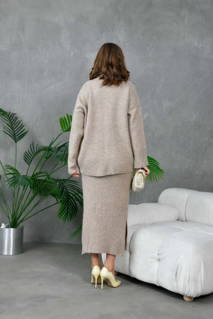 Kadın Balıkçı Yaka Oversize Kazak Uzun Etek İkili Triko Takım