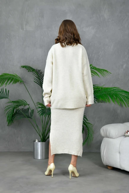 Kadın Balıkçı Yaka Oversize Kazak Uzun Etek İkili Triko Takım